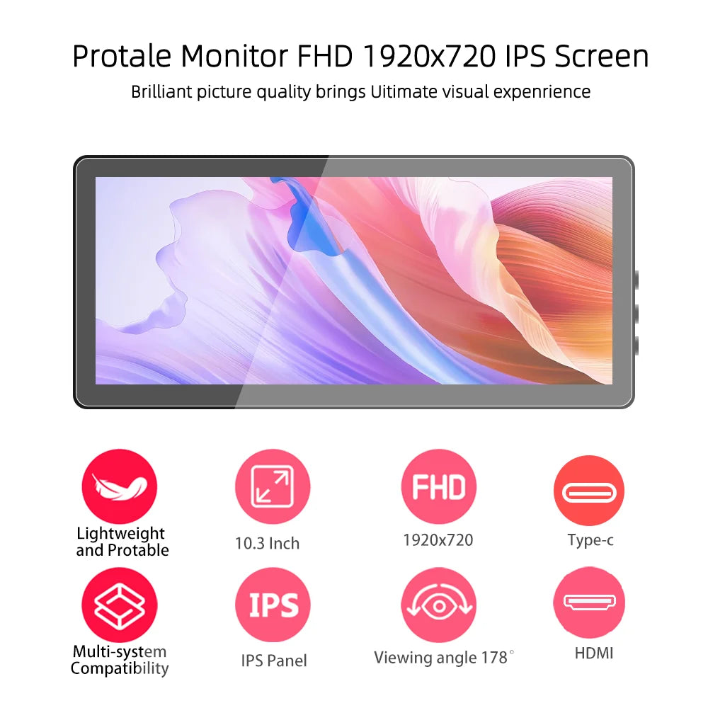 10.3 inch TouchScreen Monitor 1920x720 IPS Display LCD Bar Computer Temp Display Extender Monitor