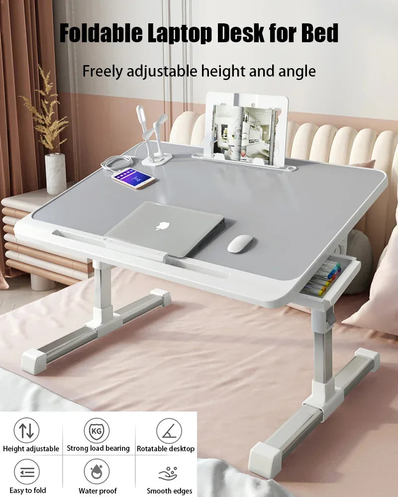 Foldable Lift Laptop Desk for Bed Adjustable Stand Portable Lap Table Breakfast Tray Desk with Drawer for Eating Working Gaming