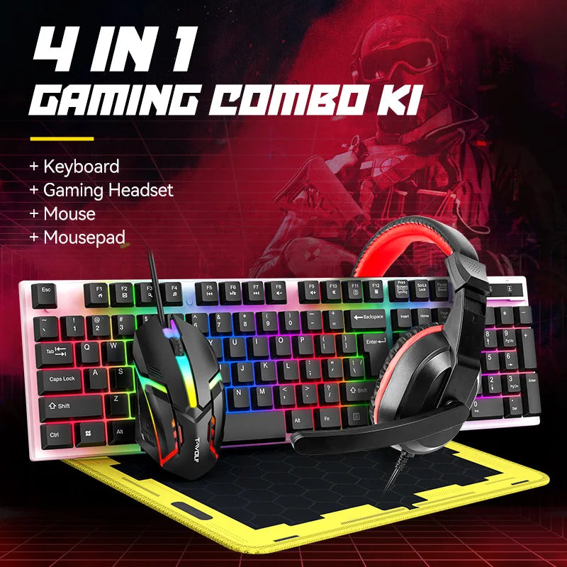 wired Keyboard and Mouse Set, Keyboard and Mouse Earphones, Mouse Pad, Four Piece Set, Luminous Game Set